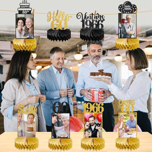 Image of Eucutur 8Pcs 60th Birthday Decorations Honeycomb Centerpieces for Women Men, Black Gold Vintage 1966 60th Bday Photo Table Centerpieces Party Supplies, Glitter Cheers to 60 Year Old Bday Table Topper
