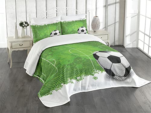 ABAKUHAUS Calcio Set Copriletto Trapuntato, Grunge Football design, 2 Pezzi con 1 Federa Cuscino, 170 cm x 220 cm, Blanc Noir Vert