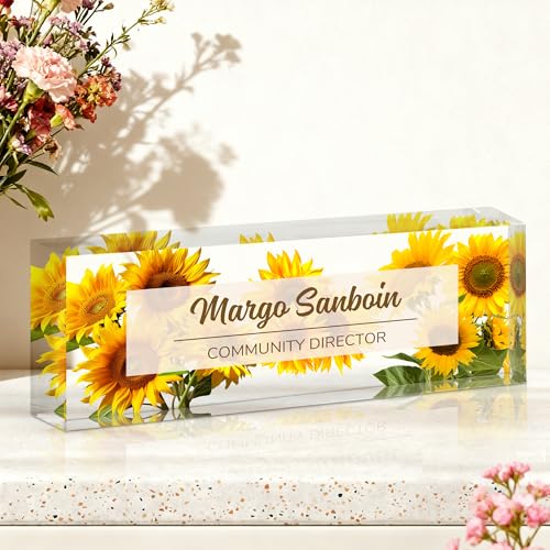 Ship Next Day-Custom Name Plate for Desk, Desk Name Plate Personalized, Acrylic Office Desk Accessories, Appreciation Gifts for Coworkers Employee Boss Teachers Women Men (Sunflower)