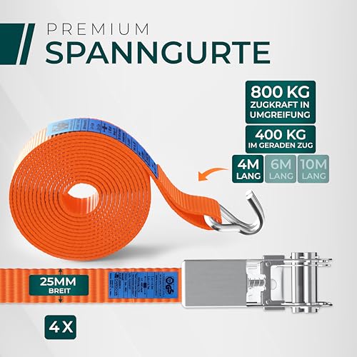 Robuste 800kg Spanngurte mit Ratsche [4er Set] - TÜV/GS Zertifiziert & DIN - Vielseitig Einsetzbar - 25mm Breite - Ideal für Professionelle Anwendungen [4M]