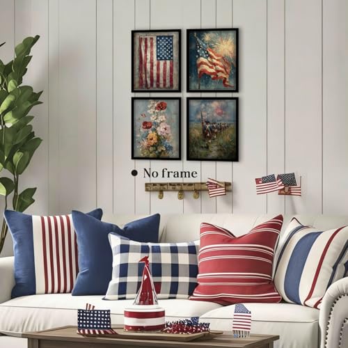 Image of WEFKODO Vintage America Flag Patriotic Decor Wall Art Prints 4Pcs, Vintage Floral 4th of July Decorations Wall Art, Patriotic Decorations for Home Bedroom Living Room Bathroom, 8x10 Inch Unframed