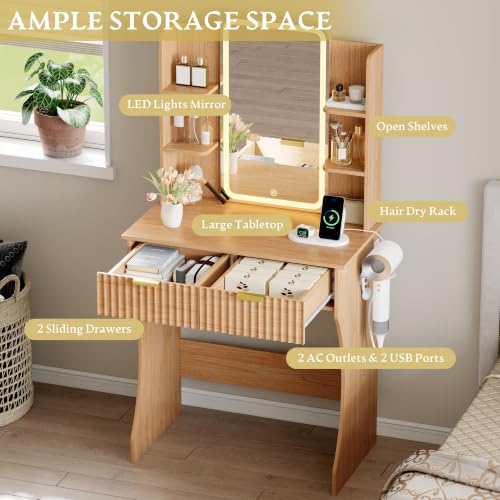 Image of Xixini Vanity Desk with LED Lights Mirror & Power Outlet, Small Makeup Vanity Table Set with Storage Drawers, 3 Lighting Modes & Adjustable Brightness, Dressing Table for Women Girls Bedroom, Oak