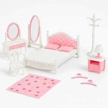 Family Dollhouse Bedroom Set Bed, Pillows & Bedspread, Vanity with Mirror, Nightstand, Floor Mirror, Chair, Lamp, Coat Rack & Hangers Dollhouse Furniture & Accessories for Ages 3+