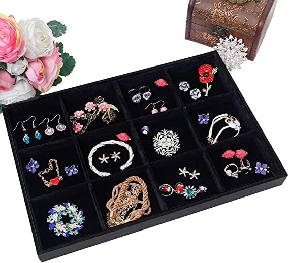 Image of Velvet Jewellry Drawer Organizer Stackable Tray (Black, 12 Grid Black)