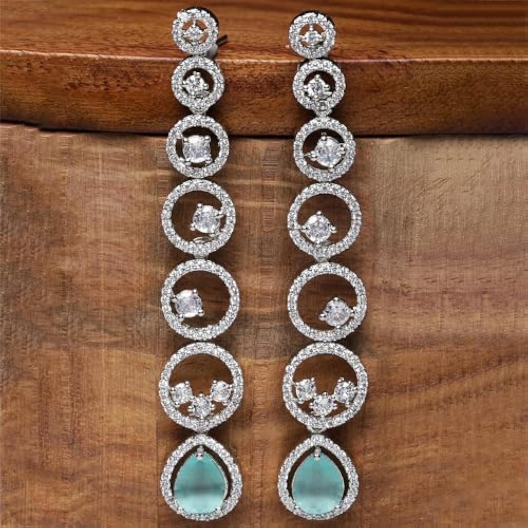 Rhodium-Plated Circular Drop Earrings with American Diamond