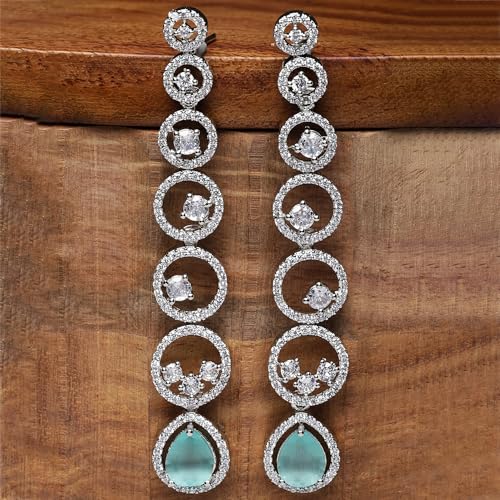 Rhodium-Plated Circular Drop Earrings with American Diamond