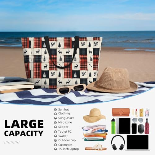 Large Beach Bags for Women Sandproof - Christmas Elk Plaid Print Summer Work Travel Tote Bags with Zipper4