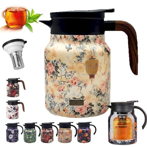 Insulated Tea Pots,Vintage Floral Pattern Tea Pot-Built-in Infuser,Colorful Vintage Floral Pattern Teas,Stainless Steel Teapot 1000mL with Lid for Hot Drinks,White(Wooden Handle,35OZ)