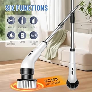 Bizcasa Brosse Rotative Nettoyage Electrique 9 en 1, Rechargeable, avec Tige télescopique et 9 têtes de Brosse Interchangeables pour Salle de Bain Cuisine Voiture, 3 Vitesses Réglables (Blanc)