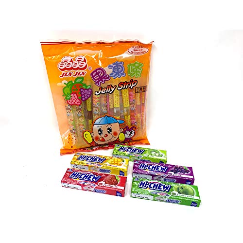 Jin Jin - Jelly Strip (Jelly Filled Straws in Assorted Flavors) with Variety of Hi-Chew Candy 5 Flavors (Grape, Apple, Kiwi, Mango, Strawberry) (JinJin HiChew)