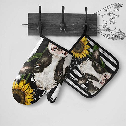 Cow American Flag Sunflower Oven Mitts Pot Holders Sets Heat Resistant Insulated 356°F/180℃ Non-Slip Waterproof Gloves Hot Pads Potholders For Kitchen Decorative Cooking Baking Grilling Bbq #TOP2