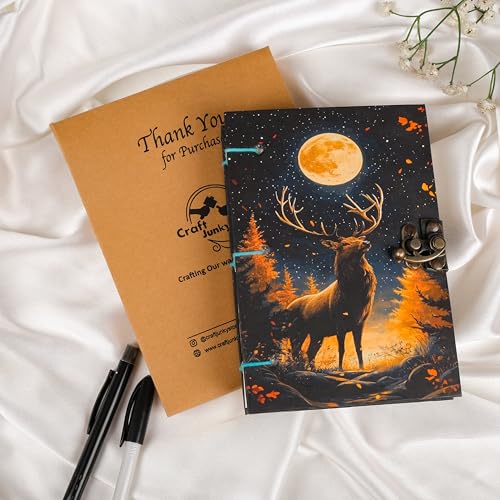 Image of CRAFT JUNKY Journal Diary with Handcrafted Box, 5 x 7 Inch Special Binding Unruled Lock Diary for Girls, Art Book with Aesthetic Print Sketch Book for Artists, 200 Acid-Free Pages A5 (DEER)