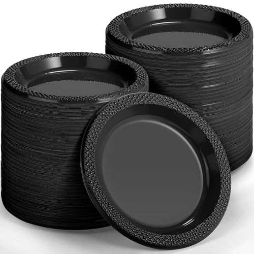 Kochorie 300-Pack Black Disposable Plastic Plates 6 Inch Round Dessert Dinner Plate Food Grade BPA Free Heavy Duty Wedding Cake Bulk for Events, Weddings, Birthdays, Graduation