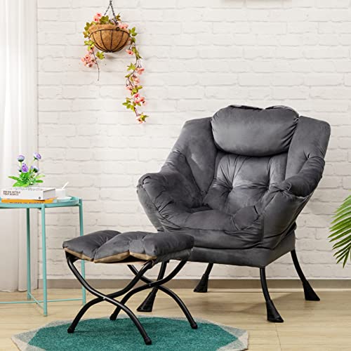 Hollyhome Modern Fabric Lazy Chair And Folding Footrest Stool Set, Accent Contemporary Lounge Chair And Portable Ottoman, Steel Frame Leisure Sofa Chair And Cotton Anti-Slip Footstool, Smoky Grey #TOP6