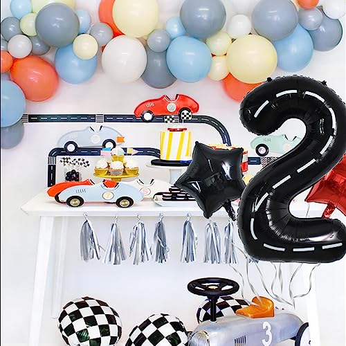 Image of TONIFUL 40 Inch Race Car 2nd Birthday Racetrack Number 2 Black Wheel Tire Black White Checkered Star Boys Car Themed Birthday Party Decor