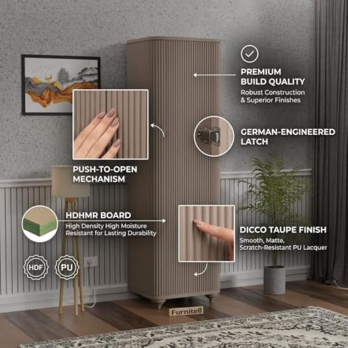 Image of HDHMR Wooden Wardrobe Almirah for Bedroom, 72 Inch | 1 Door Tall Storage Cabinet with 6 Shelves | Fluted Push-to-Open Cupboard | Closet Organizer for Clothes, Books & Home Essentials | Taupe Finish
