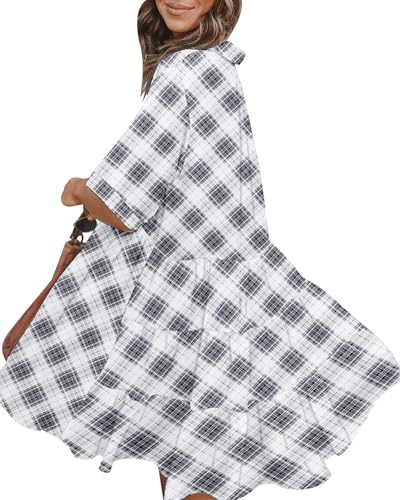 Image of PYGFEMR Women's Short Sleeve Babydoll Dress Button Down Dresses with Pockets