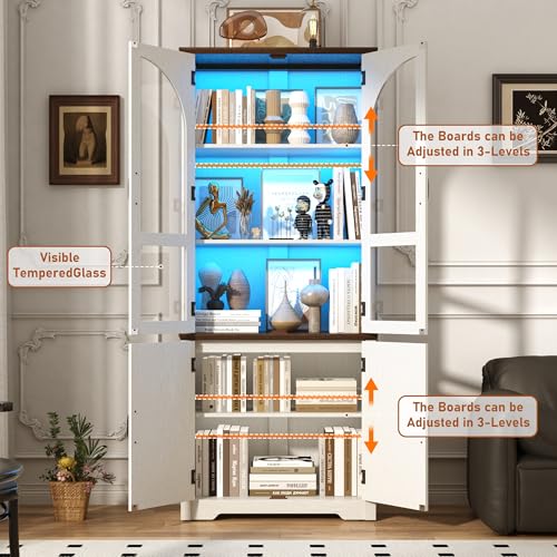 Image of chartustriable 75 inch Tall Farmhouse Kitchen Pantry Cabinet with LED Lights,Wood Storage Cabinet w Arched Glass Doors,Pantry Organizers and Storage,Rustic Wood Cupboard for Kitchen,Dining Room(White)
