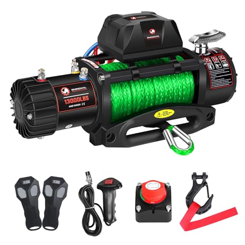 RHINOVAL 13000lb Electric Winch, Synthetic Rope Green,