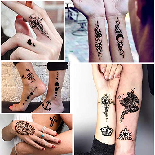 Yazhiji 32 Sheets Temporary Tattoos Stickers, 8 Sheets Fake Body Arm Chest Shoulder Tattoos For Men Women With 24 Sheets Tiny Black Temporary Tattoos #TOP3