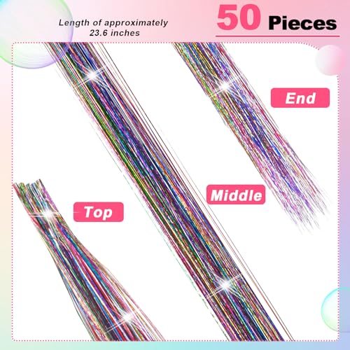 XunYee 50 Pcs Bling Pony Hair Tinsel Colorful Mane and Tail Glitter Strands Extensions Heat Resistant Rainbow Tinsel Hair Extensions Accessory for Western Horse Lovers Parties Show Supplies, 23.6''