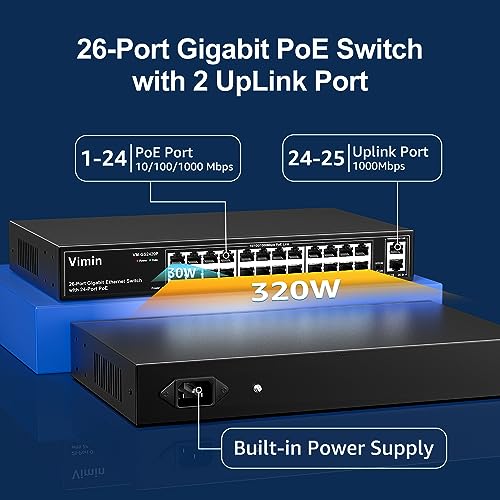 Image of 24 Port Gigabit PoE Switch with 2 Uplink Gigabit Ports, VIMIN 26 Port Unmanaged PoE Ethernet Switch with 320W Power, Support IEEE802.3af /at, VLAN, Metal Housing, 19 inch Rack-Mount, Plug and Play