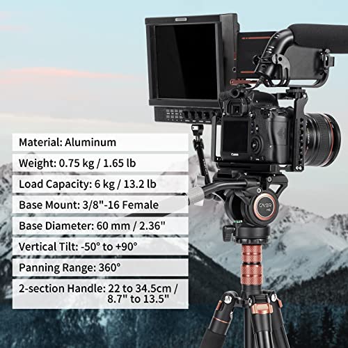 Cayer H6 Video Fluid Head, Camera Tripod Fluid Drag Pan Head With 60 Mm Flate Base, 2-Section Pan Bar Handle, 1/4 And 3/8 Screws Sliding Plate For Dslr Cameras Video Camcorders, Max Loading 13.2Lb #TOP2