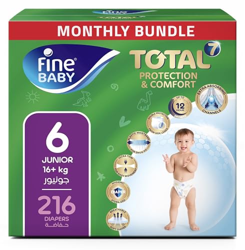 Fine Baby Total 7 Diapers Size 6 Junior (16+ kg) 216 Count. Superior Protection and Comfort Extra Absorbent Improved Formula