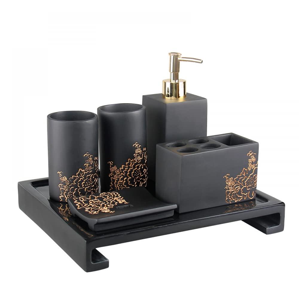 BERTY·PUYI Accesorios De Baño De Resina (Juego De 6) - Elegante Juego De Baño De Resina con Jabonera, Dispensador De Loción, 2 Vasos, Soporte para Cepillo De Dientes, Bandeja