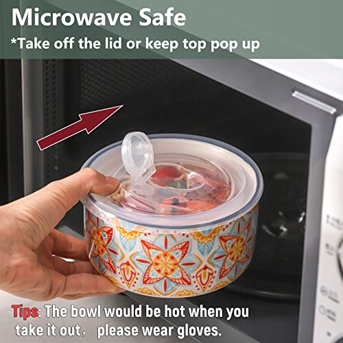 Chubacoo Ceramic Bowl With Lid: Soup Bowls With Lids Microwave Safe - Food Prep Bowls With Lids - Salad Bowls Set Of 4 For Picnic, Camping - Lunch Containers With Lid - 5 In, 20 Oz (Floral) #TOP4