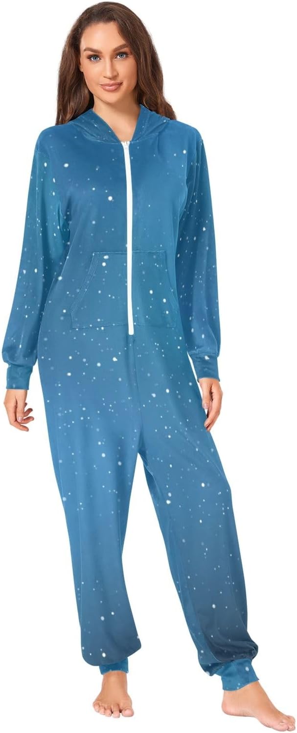 Ocean Blue Adult Onesie Pajamas, Cozy Hooded One Piece Loungewear with Zipper for Men Women Christmas Sleepwear