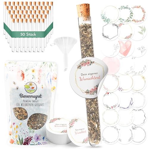 Reagenzgläser mit Blumensamen als Gastgeschenke zur Hochzeit - Besonderes Hochzeitsgeschenk für Gäste als Give Away - Lasst unsere Liebe wachsen Komplett-Set (50er Set, Personalisiert)