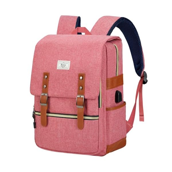 Ronyes Vintage Laptop Backpack for Women Men,15.6 inch Bookbag Casual Daypack with USB Charging Port for College Work, Pink Backpacks