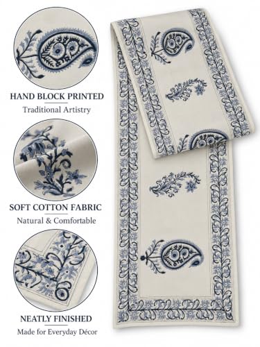 Image of Ravaiyaa - Attitude is Everything Hand Block Printed Cotton Table Runner | Floral Printed Table Runner for Home Decor, Kitchen | 60 x 16 Inch-(Blue Paisley)