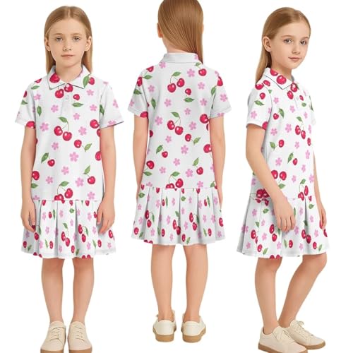 Girl's Athletic Tennis Dresses Short Sleeve 2 Buttons Golf Outfit for 5-14 Years Workout Skirt2