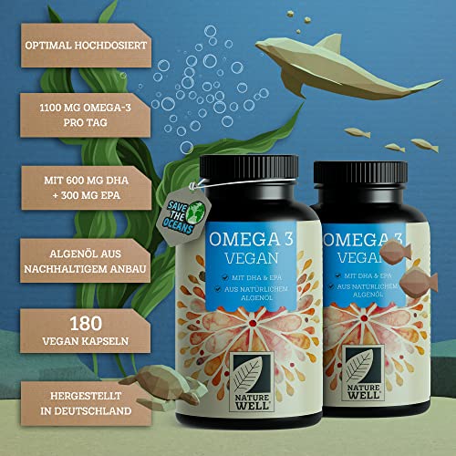 Omega-3 Vegan 180 Kapseln hochdosiert, 2000mg Omega-3 Algenöl pro Tag mit 600mg DHA & 300mg EPA, veganes Omega aus nachhaltigem Anbau als Fischöl-Alternative, laborgeprüft mit Zertifikat, NatureWell 2