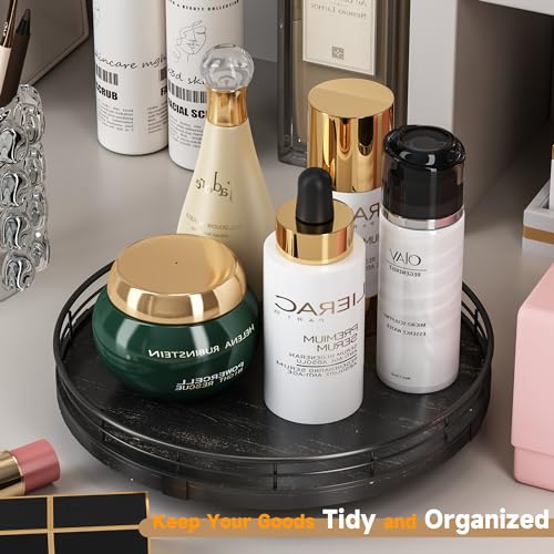 Image of 10 inch Oak Bathroom Vanity Tray Turntable for Perfume Candle, Round Wooden Decorative Tray for Kitchen Sink Countertop Organizer, Bathroom Counter Organizer for Skincare Makeup, Farmhouse Black Gold