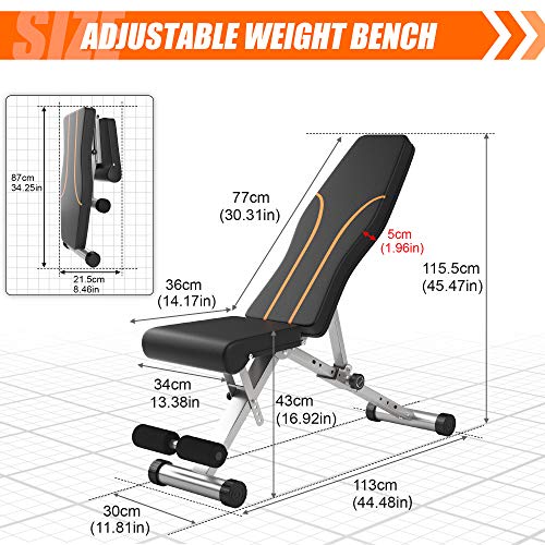 Weight Bench Adjustable Workout Bench for Home Gym Foldable Multi-Purpose Strength Training Benches, Flat/Incline/Decline Exercise Bench Press for Full Body Workout (Grey-orange)