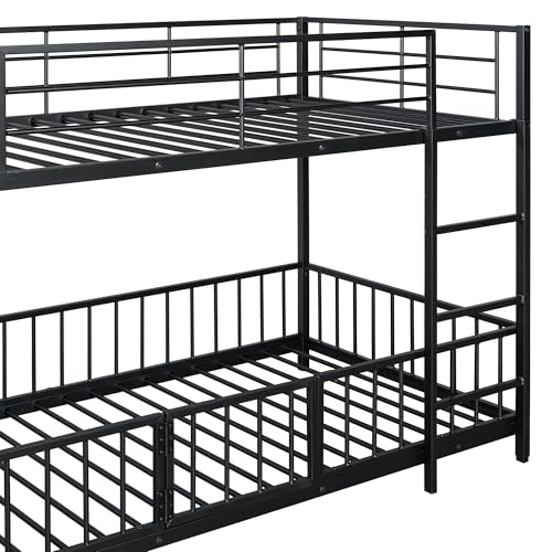 Image of Bellemave Twin Over Twin Bunk Bed with Slide and Ladder, Metal Low Bunk Bed for Kids, Girls, Boys, Removable Fence, with Door, Black