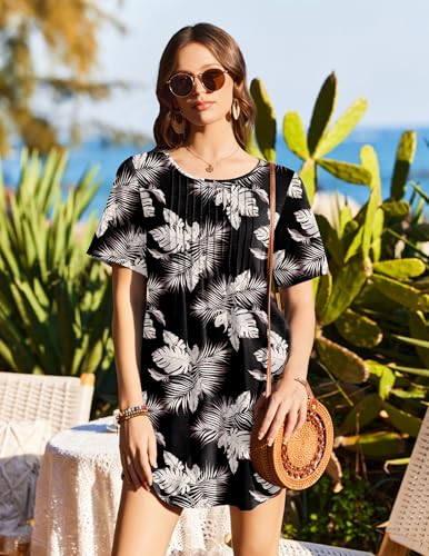 Ekouaer Swimsuit Coverup for Women 2026 Short Sleeve Bathing Suit Cover Ups Beach Summer T-Shirt Dresses with Pockets Khaki Black Leaf M — view 5