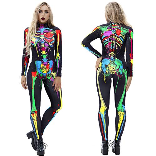 Selowin Women Unique Skeleton Skull Bone Halloween Catsuit Full Bodysuits Costume Multicolor L #TOP2
