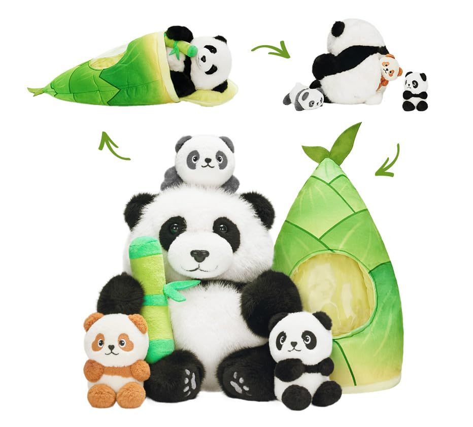 OUOZZZ Panda Stuffed Animals with 3 Babies Inside Panda Bear Plush Toys with 19" Bamboo Shoot Bag - Birthday&Valentines Stuffed Animals Gift for Girls Boys Toddler