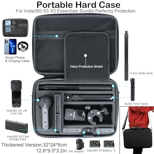 Image of PellKing Accessories Kit for insta360 X5,Included Carrying Case with Belt,2 Pcs Metal 1 /4 inch Adapter,Handlebar Clamp,Magnetic Mount,43in Selfie Stick,Chest Strap,Head Strap,Backpack Mount,and Others