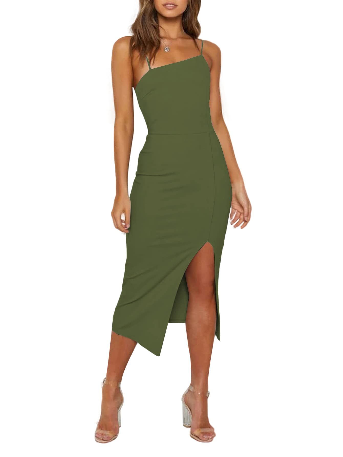 Photo 1 of LYANER Women's Spaghetti Straps Split Hem Sleeveless Zipper Bodycon Midi Dress Medium Army Green