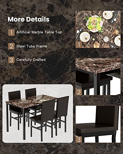Dklgg Dining Table Set For 4, 5 Pieces Faux Marble Dining Set Kitchen Table And Chairs With 4 Leather Upholstered Chairs For Kitchen, Bar, Living Room, Breakfast Nook, Small Space #TOP5