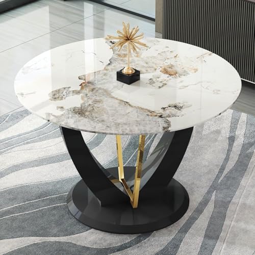 LFVFFA 42" Round Dining Table for 4-6, Modern Faux Marble Kitchen Tabletop with Black Wood Pedestal and Gold Metal Frame, Circle Dinner Table for Dining Room