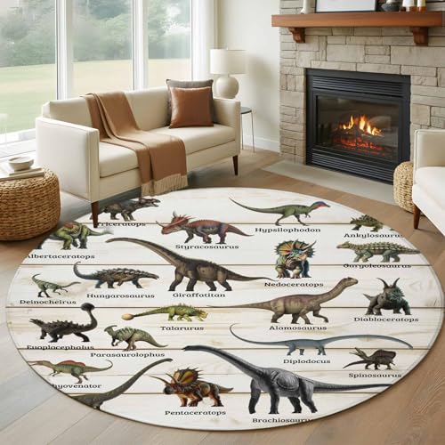 Dinosaurs Round Rug 8ft Washable Circle Rugs Non Slip Natural