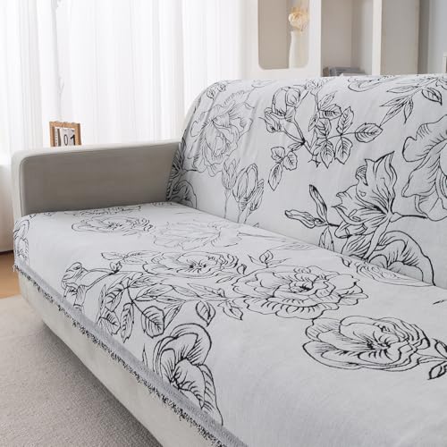 Image of HOKIPO Serene Abode Sofa Cover 3 Seater, 180x175 cm, White Rose Garden