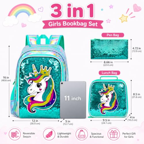 Image of CCJPX 16 inch Unicorn Backpack for Girls, 3Pcs Kids Sequin Bookbag with Lunch Box, Water Resistant Elementary School Bag for Kindergarten Preschool Toddler (Green)