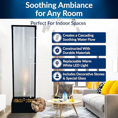 Image of Alpine Corporation MLT170L 72 inch Waterfall Fountain with LED Light Cascading Textured Glass & Aluminum Floor Design, Indoor, Black